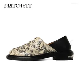 Casual Shoes Hardware Decoration Leather Snake Pattern Black Stitching Round Toe Square Root Loafers Large Size Fashionable Shoe