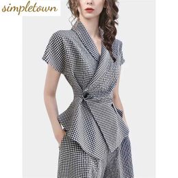 Others Apparel Checkered Panel Side Button Short Slved Jacket Blazer Casual Wide Leg Pants Two-piece Elegant Womens Pants Set Summer Office Y240509