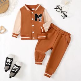 Clothing Sets 2pcs Baby Boy's Spring & Fall Print Varsity Jacket Set Color Clash Pants For Toddler Boy As Gift