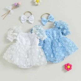 Girl's Dresses Baby Girl Tulle Dress Romper Sleeveless Knot Front Pleated Bodysuit Newborn Mesh Princess Outfits H240508
