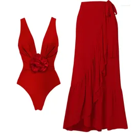 Women's Swimwear 2024 Detachable 3D Flower Red One Piece Swimsuit And Skirt Vacation Women Bikinis Beachwear Luxury Bathing Suit