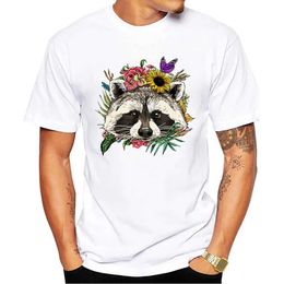 Men's T-Shirts THUB Fashion Spring Nature Raccoon Lovers Design Men T-Shirt Floral Raccoon Printed T Shirts Short Slve Tshirts Harajuku T Y240509