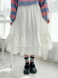 Skirts 2024 Vintage High Waist Black Pleated Skirt Women Student Korean Version Loose Cake Frill Ruffles Patchwork Long Midi
