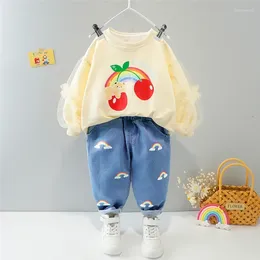 Clothing Sets Baby Girls Spring Autumn Kids Cartoon Lace Pullover Sweatshirt Jeans Children Sportswear Infant Clothes Outfit