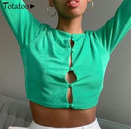 Totatoop Double Layered Buttons Hollow Out Sexy T Shirts For Women 2021 Y2K Style Long Sleeve Summer Crop Tops Casual Tshirts3478550