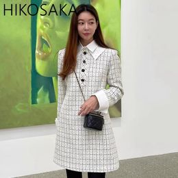 Casual Dresses Office Lady Elegant Plaid Tweed Dress Turn-down Collar Long Sleeve Slim A-line Mini Robe Autumn Winter Korean Vintage