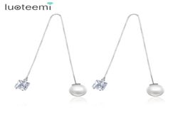 Dangle Chandelier LUOTEEMI Brand Trendy Drop Earrings Double Side Shining CZ With Simulated Pearl Jewelry Ear Wire Long Chain Br8207607