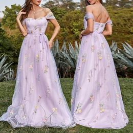 Party Dresses Lavender Evening Sweetheart A-Line Lace Appliques Off The Shoulder Backless Prom Gown Stylish Long Dress For Girl