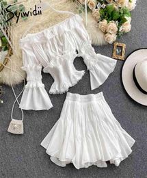 2 Piece Skirts Set Women Summer Flare Sleeve Ruffles Off Shoulder Blouses Elastic Waist Mini Skirt White Black 2106075873835