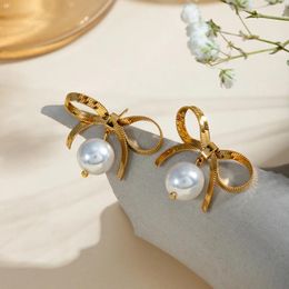 Stud Earrings 18K Gold Plated Stainless Steel Bowknot Hanging White Pearl Waterproof Simple Metal Texture Trendy Jewellery For Woman