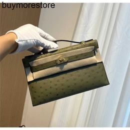 Cowhide Handbag Handmade Ostrich Skin Mini Generation Sage Green Ladies Handheld Bag Dinner Bag Handsewn Gold ButtonHETN