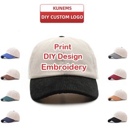 KUNEMS DIY Custom Baseball Cap for Men and Women Autumn and Winter Corduroy Patchwork Print Embroidery Hat Wholesale Unisex 240426