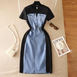 Casual Dresses Y2k Long Dress Women Light Blue Summer Patchwork High Waist O-neck Elegant Loose Maxi Work Spring Vestidos