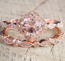 2 PcsSet Crystal Ring Jewelry Rose Gold Color Wedding Rings For Women Girls Gift Engagement Wedding Ring Set9330209