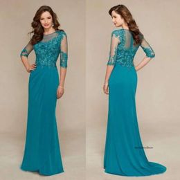 Floor Length Mother Of the Bride 3/4 Long Sleeve Lace Beaded Wedding Guest Dresses Jewel Neck Evening Gowns 0509