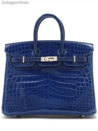 10A Counter High Quality Hremms Original 1:1 Brand Bags Birkkis 25 Pack Point Crocodile Skin Electric Light Blue Handheld Vintage Bag Bag