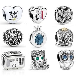 925 Sterling Silver Blue Sparkling Crown O Charm Sweet Tree Monster Charms Owl Bead Openwork Leaves Cable Car Beads Fit Pandora Style B 209C