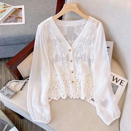 Women's Blouses Spring/Summer Temperament Hollow Lace Cardigan Women V-neck Loose Versatile Embroidered Long Sleeve Shirt Ladies Thin Top
