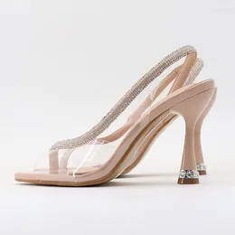 Dress Shoes Plus Size 36-42 Women Summer 10cm High Heels Sandals Crystal Slingback Strap Sandles Lady Transparent Sexy Peep Toe