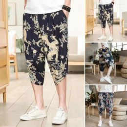 Men's Pants Summer Men Retro Print Chinese Style Side Pockets Casual Drawstring Elastic Waist Loose Daily Wear Cropped Trousers