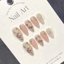 Handmade Almond Press on Nails Korean Hand Paint Reusable Adhesive False Nails with Design Acrylic Artificial Manicure for Girls 240509