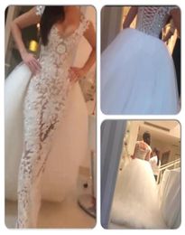 TwoinOne Wedding Dresses 2015 Sexy Lace Sheath V Neck Beaded Sheer Bridal Gowns with Puffy Detachable Tulle Train 2015 vestidos 9043586