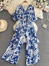 Women Elegant Print Puff Sleeve V Neck Jumpsuits Summer Fashion High Waist One Piece Female Casual Straight Wide Leg Pants 240423