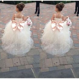 Pageant For Girls Spaghetti Rhinestone Flower Girl Dresses Big Bow Kids Ball Gowns Wedding Dress Sash Tulle Beading Belt 0509