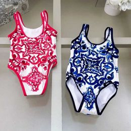 One-Pieces Girls classic style blue and red patterned camisole jumpsuit summer new girls one-piece Timeless Classic Popular with swim hat H240508
