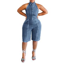 Women Denim Jumpsuit Shorts Sexy Slim Fit Zipper Sleeveless Halter V Neck Stretchy Short Jean Pants Rompers with Pockets