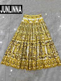 Skirts JUNLINNA High Street Womens Skiing 100% Cotton Yellow Porcelain Flower Printed Half Dress Party Holiday Extension WomensL2405