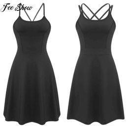 Active Dresses Women Sport Dress Slveless Strappy Back Open Back High Waist A-line DressActive Dress for Modern Dance Gymnastic Tennis Y240508