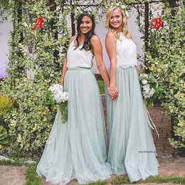 2021 Bohemian Country Bridesmaid Cheap White Top Mint Sage Tulle Skirt Two Pieces Maid Of Honour Dresses Gowns for Wedding Guest 0509