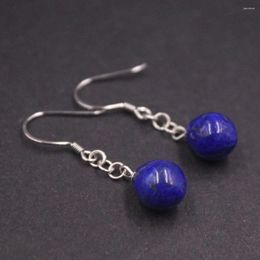 Dangle Earrings Real Solid 925 Sterling Silver Natural Lapis Lazuli Bead Chain Women Lucky