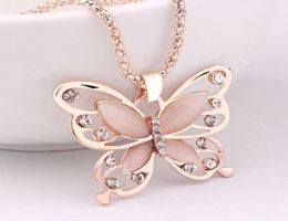 Fashion Women Rose Gold Opal Butterfly Charm Pendant Long Chain Necklace Jewelry Simple Choker Necklace Jewelry For Girls Gifts ps9941144