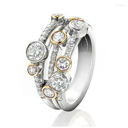 Wedding Rings Huitan Personality Two Tone Three Line Women Full Paved CZ Sparkling Female Bands Modern Fashion Jewelry