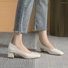 Dress Shoes Normal Leather Casual Square Toe For Women Office Woman Footwear With Medium Heels White On Promotion Offer