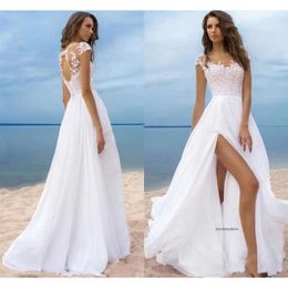 2022 Bohemian A Line Wedding Dresses Beach Chiffon Sheer Neck Lace Appliques Illusion Cap Sleeves Hollow Back High Split Formal Bridal Gowns 0509