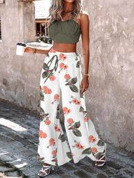 Women's Two Piece Pants Women Fashion Printed Set Summer Sweetheart Neck Casual Supender Shirred Crop Cami Top & Wide Leg 2pcs Sets