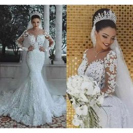 Modern New Romantic Gorgeous Long Sleeve Mermaid Wedding Dresses Beading Lace Princess Bridal Gown Custom Made Appliques See Through 0509
