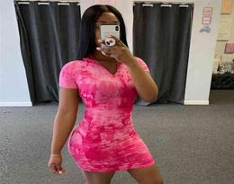 OMSJ Neon Pink Tie Dye Print Ruched Mini Dress Womens Summer Sheath Short Sleeve Casual Bodycon Slim Clubwear 2105171109159