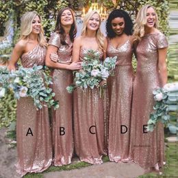 2021 Elegant Rose Gold Sequined Bridesmaid Long Sexy Country Boho Bridesmaids Dresses Plus Size Custom Made 0509