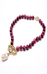 GuaiGuai Jewellery Natural Smooth Round Fuchsia Tiger Eye Necklace Cubic Zirconia CZ Pave Pink Keshi Pearl Pendant For Women6250888