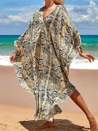 Leopard Printed V Neck Tunic Beach Cover Up Cover-ups Dress Wear Beachwear Long Female Women K4160