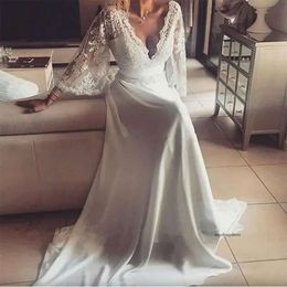 Bohemian Dresses Illusion Lace Gown Backless Long Sleeve Deep V Neck Wedding Gowns Boho Chiffon Plus Size Beach Bridal Dress 0509