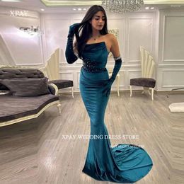 Party Dresses XPAY Sexy Velvet Mermaid Evening Arabic Women Pearls Long Gloves Sweep Train Formal Prom Gowns