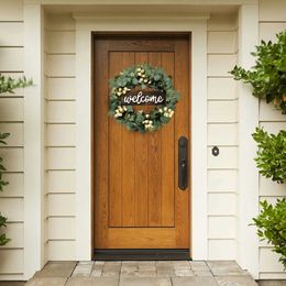 Decorative Flowers Wreaths Green Artificial Eucalyptus Wreath with Welcome Sign Spring Summer Wreath with White Berries for Front Door Wall Window Decor