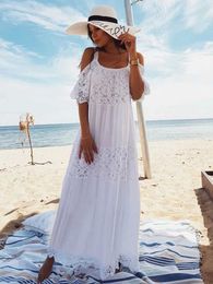 Basic Casual Dresses Fitshinling Bohemian Lace Patchwork Maxi Dresses Women Tunic Open Shoulder Sexy White Long Dress Holiday Strap Summer Pareos Hot T240508