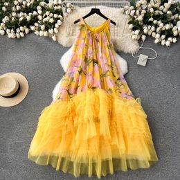 Casual Dresses Designer Runway Fashion Summer Loose Party Dress Women O Neck Sleeveless Flower Print Chiffon Patchwork Mesh Ball Gown