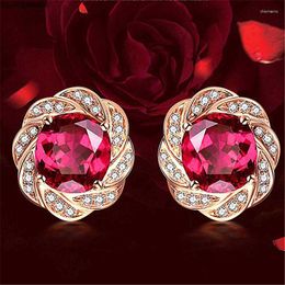 Stud Küpe Lüks Romantik Kırmızı Gems Kristal Kokteyl Partisi Gül Altın Kaplama Anne Büyükanne Noel Hediye Takı I89K